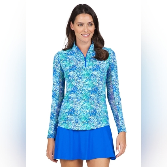 IBKUL Tops - Ibkul Long Sleeve Zip Mock Neck Painted Blue Green Sun Shirt Women's Size XS